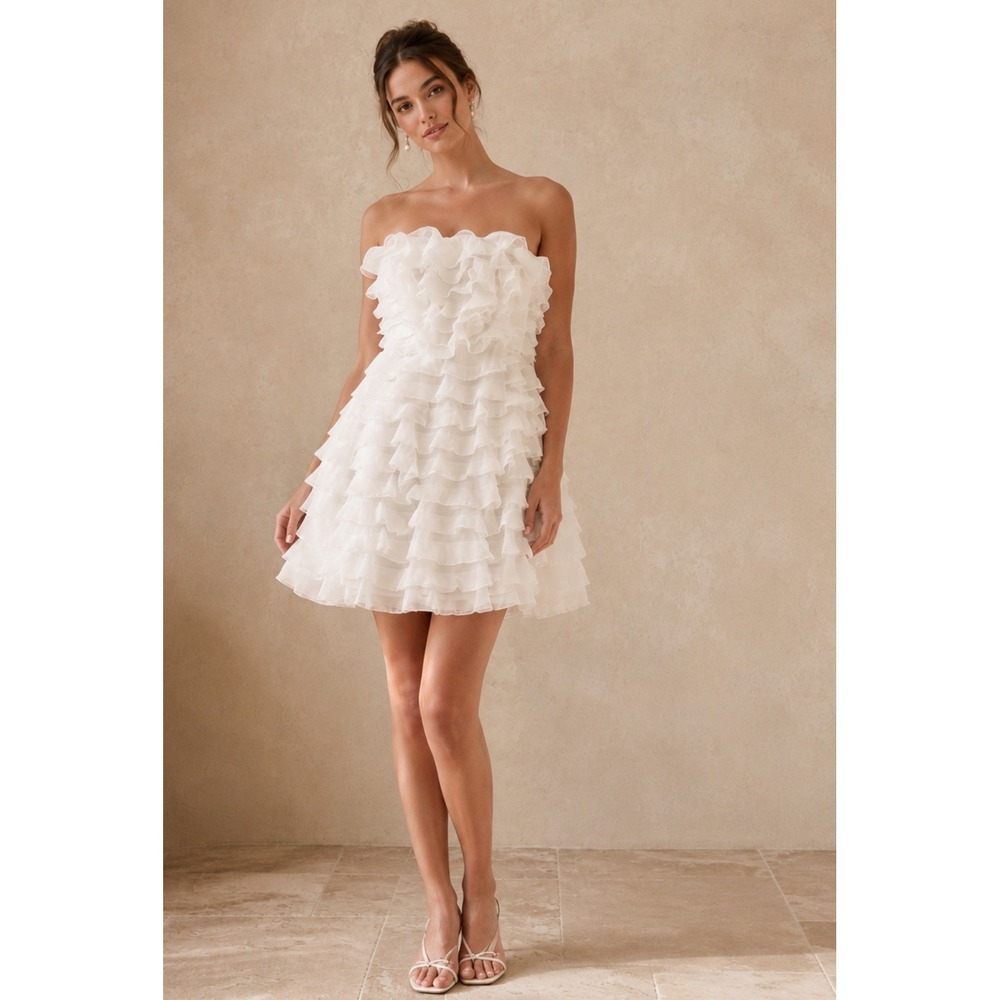 BHLDN Anthropologie Ruffle Tiered Strapless Mini Dress Wedding Bridal 2 NWT